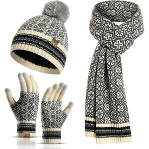Women's 3Pieces White Set Beanie Fleece Skull Cap Pompom Neck Scarves Gloves